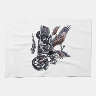 Winged Harley-Davidson Motorcycle Watercolor Illus キッチンタオル