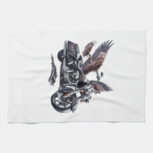 Winged Harley-Davidson Motorcycle Watercolor Illus キッチンタオル (横)