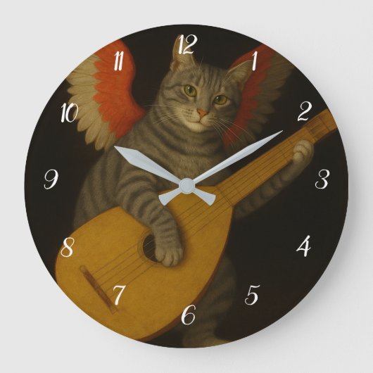Winged Musician Cat Playing Lute Art               ラージ壁時計 (正面)