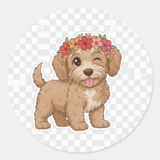 Winking Puppy Flower Crown Sticker - Cutest Doodle ラウンドシール (正面)