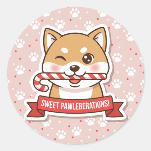 Winking Shiba Inu Candy Cane Sticker ラウンドシール (正面)