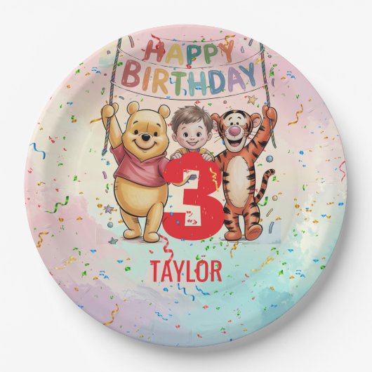 Winnie the Pooh | Happy Birthday ペーパープレート (正面)