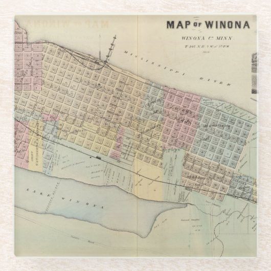 Winona、ミネソタの地図 ガラスコースター (正面)