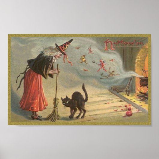 Wintage Halloween Witch, Cat ポスター (正面)
