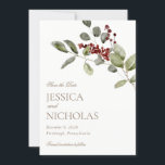 Winter エレガント Holly Wedding Save the Date 招待状<br><div class="desc">冬の緑の結婚式の日付カードを保存する水色のホリーの枝を特徴とする。カスタマイズ情報でクリッククリックは更にカスタマイズフォントスタイル、サイズまたは色を変更する。</div>