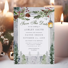 Winter 素朴 Pine Lantern Save The Date Card セーブザデート