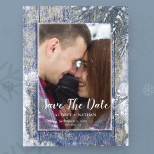 Winter 素朴 Snow Barn Wood Photo Save the Date 案内ポストカード