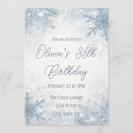 Winter 35th Birthday Invitation – Cool Gray Snow 招待状 (正面)
