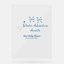 Winter Adventure awaits baby shower blue snowflake アクリルサイン