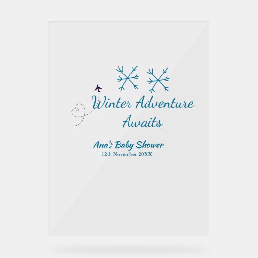 Winter Adventure awaits baby shower blue snowflake アクリルサイン (正面)