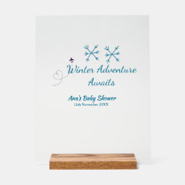 Winter Adventure awaits baby shower blue snowflake アクリルサイン