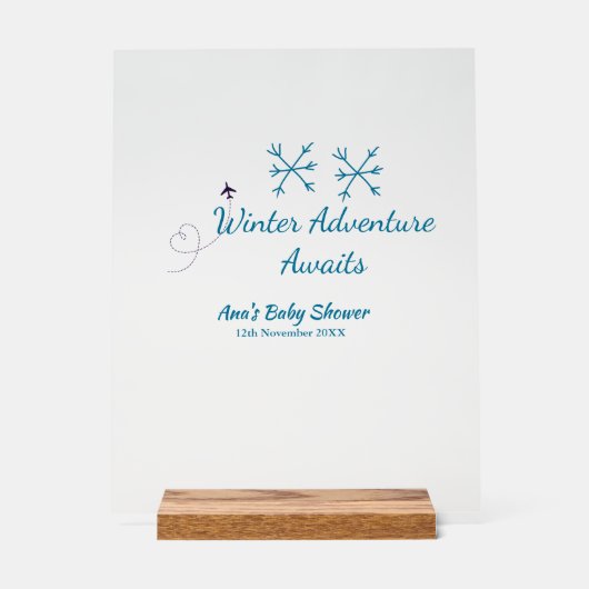 Winter Adventure awaits baby shower blue snowflake アクリルサイン (正面)