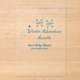 Winter Adventure awaits baby shower blue snowflake アクリル招待状
