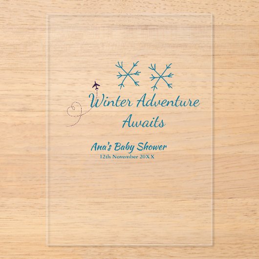 Winter Adventure awaits baby shower blue snowflake アクリル招待状 (正面)