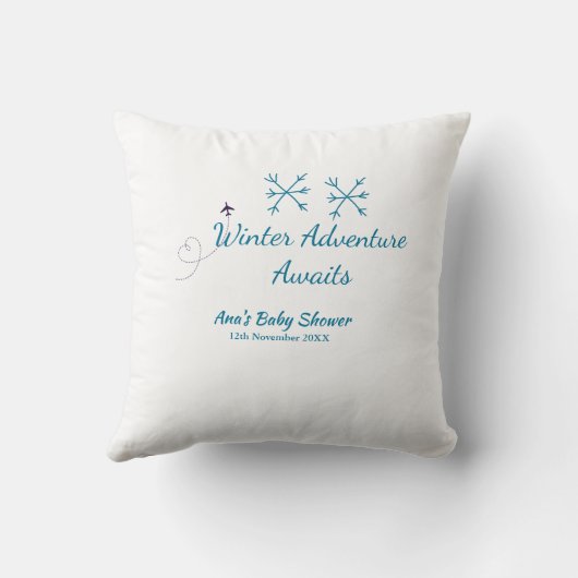 Winter Adventure awaits baby shower blue snowflake クッション (裏面)