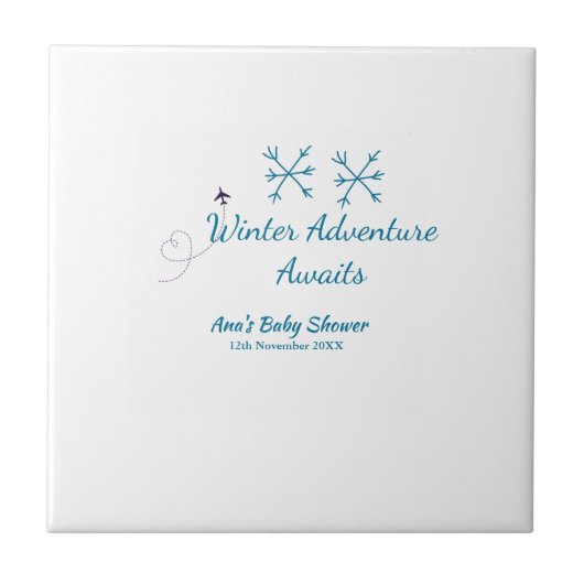 Winter Adventure awaits baby shower blue snowflake タイル (正面)