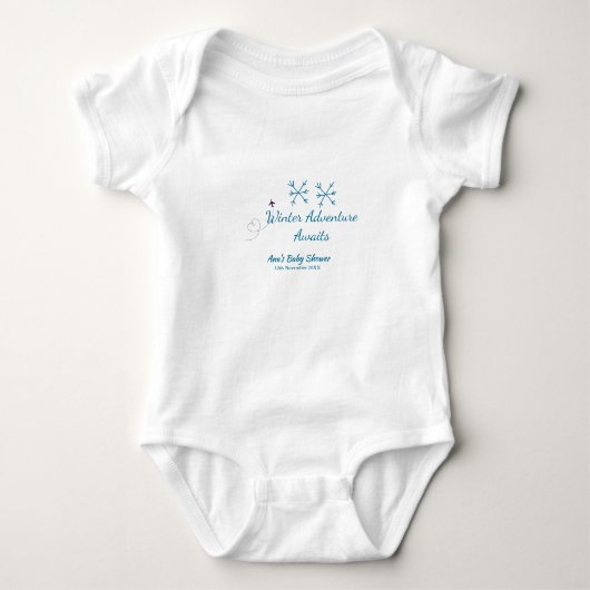 Winter Adventure awaits baby shower blue snowflake ベビーボディスーツ (正面)