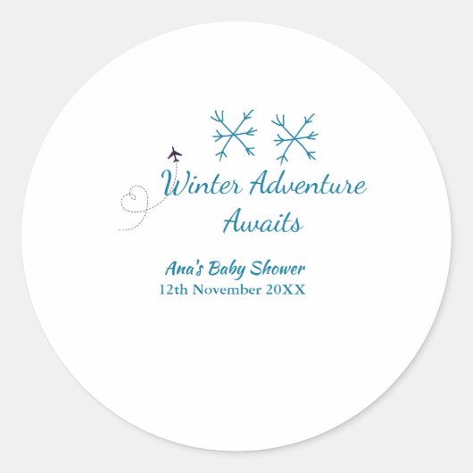 Winter Adventure awaits baby shower blue snowflake ラウンドシール (正面)