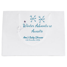 Winter Adventure awaits baby shower blue snowflake ラージペーパーバッグ