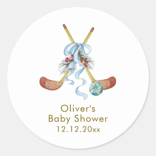 Winter All Star Bow Floral Hockey Baby Shower ラウンドシール (正面)
