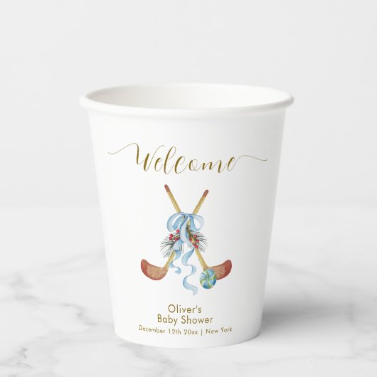 Winter All Star Bow Hockey Baby Shower Welcome 紙コップ (正面)