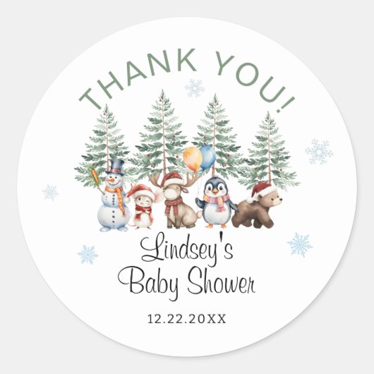 Winter Animal Baby Shower Thank You ラウンドシール (正面)