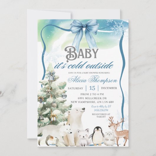 Winter Animals Aurora Bow Coquette Boy Baby Shower 招待状 (正面)