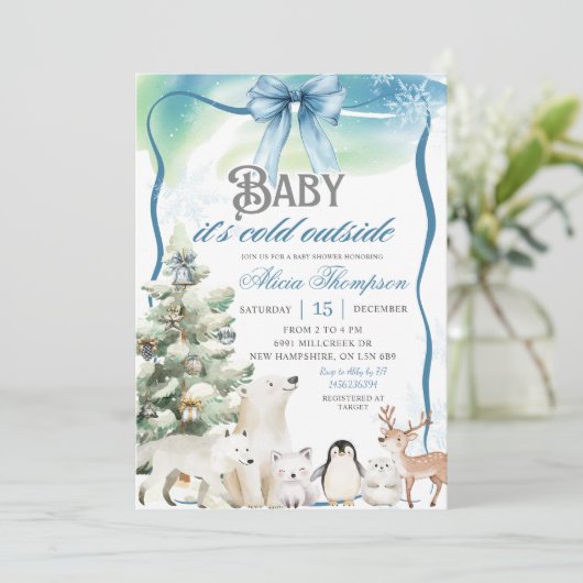 Winter Animals Aurora Bow Coquette Boy Baby Shower 招待状 (スタンド正面)