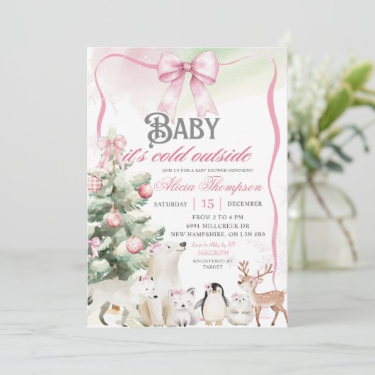 Winter Animals Aurora Bow Coquette Gir Baby Shower 招待状 (スタンド正面)