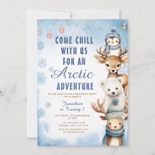 Winter Arctic Adventure 1st Birthday Animals Party 招待状 (正面)
