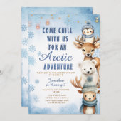 Winter Arctic Adventure 1st Birthday Animals Party 招待状 (正面/裏面)