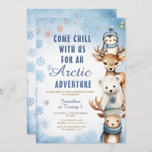 Winter Arctic Adventure 1st Birthday Animals Party 招待状 (正面/裏面)