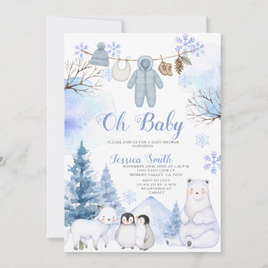 Winter Arctic Animal Clothesline Baby Shower 招待状 (正面)
