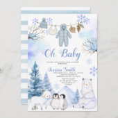 Winter Arctic Animal Clothesline Baby Shower 招待状 (正面/裏面)