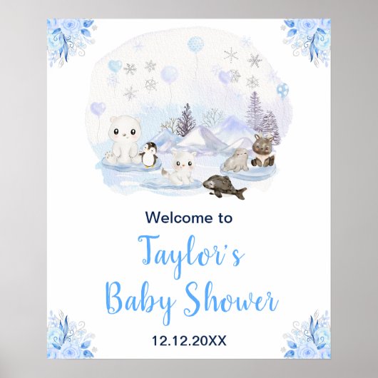 Winter Arctic Animals Baby Shower Welcome ポスター (正面)