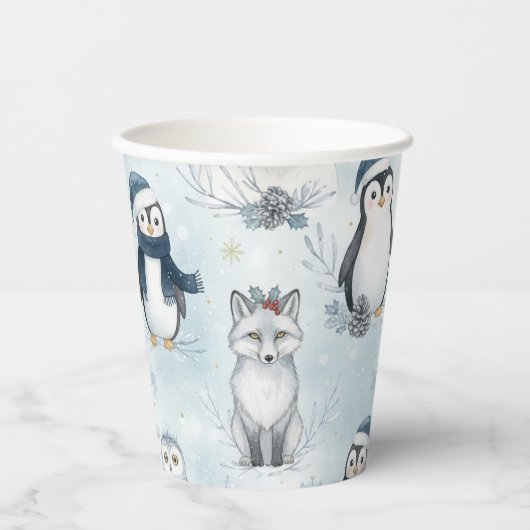Winter Arctic Animals Cute Penguin & Polar Bear 紙コップ (正面)