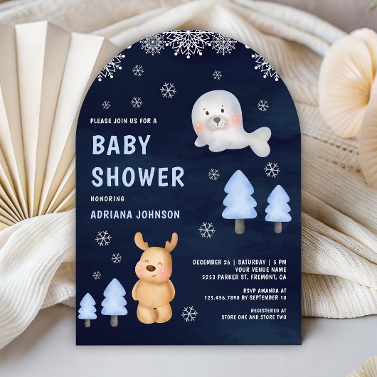 Winter Arctic Animals Navy Blue Baby Shower 招待状