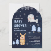 Winter Arctic Animals Navy Blue Baby Shower 招待状 (正面)