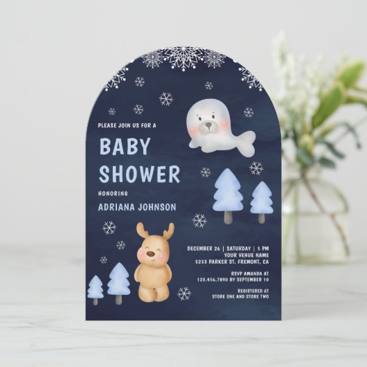 Winter Arctic Animals Navy Blue Baby Shower 招待状 (スタンド正面)