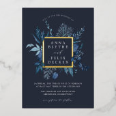 Winter Azure Botanical Frame 結婚's 箔招待状 (正面)