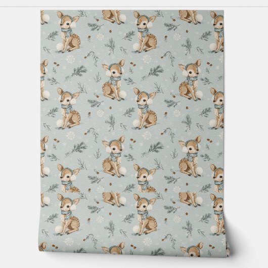 Winter Baby Deer with Earmuffs Snowflakes and Pine 壁紙 (ほどく)
