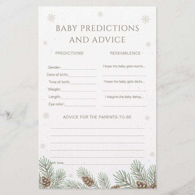 Winter Baby Shower Baby Predictions & Advice Game (正面)