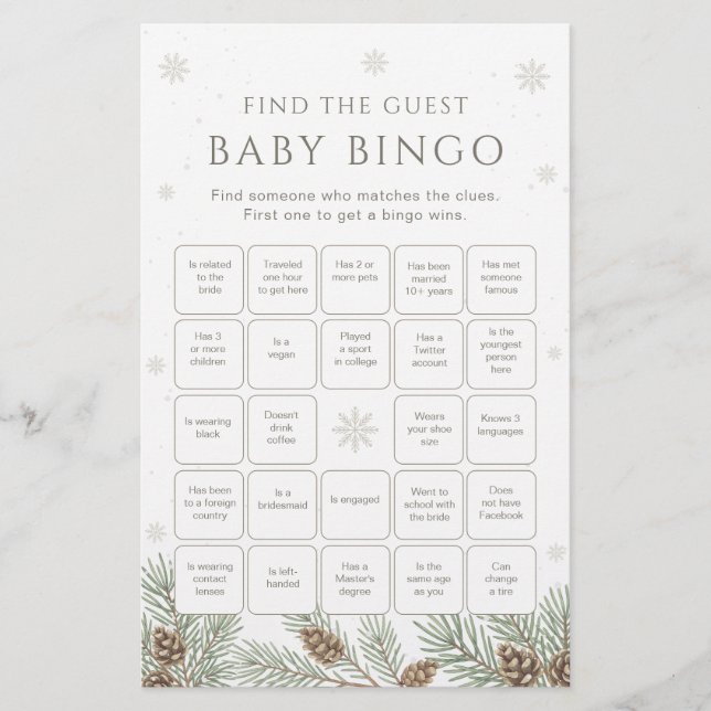 Winter Baby Shower Bingo Game Find the Guest Game (正面)