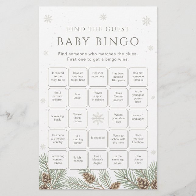 Winter Baby Shower Bingo Game Find the Guest Game (正面)