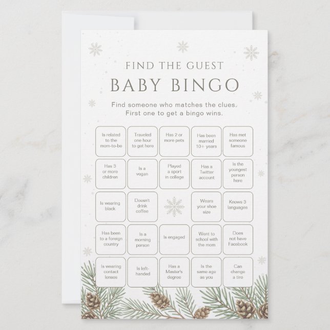 Winter Baby Shower Bingo Game Find the Guest Game (正面)
