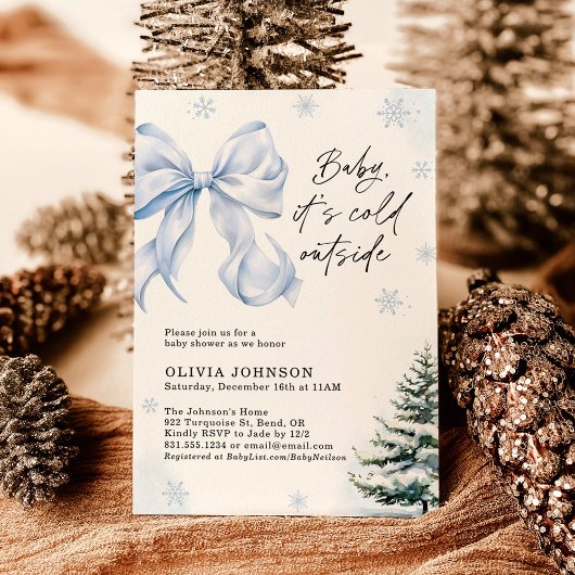 Winter Baby Shower, Blue Bow It's Cold Outside  招待状