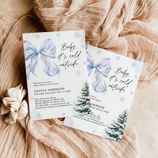 Winter Baby Shower, Blue Bow It's Cold Outside  招待状