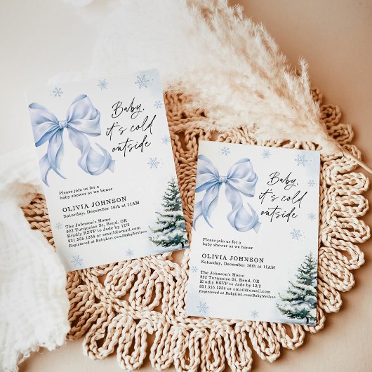 Winter Baby Shower, Blue Bow It's Cold Outside  招待状