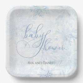 Winter Baby Shower Boy Blue Snowflake ペーパープレート