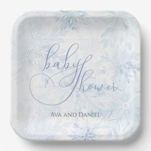 Winter Baby Shower Boy Blue Snowflake ペーパープレート (正面)